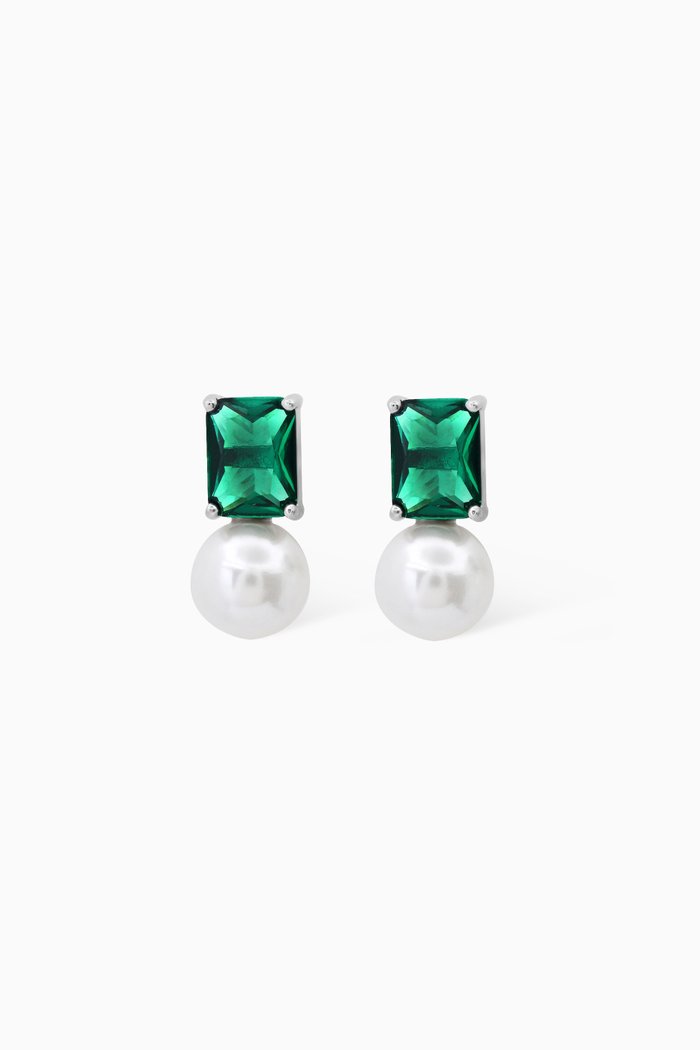 

Emerald-cut Crystal & Pearl Drop Earrings in Sterling Silver, Green