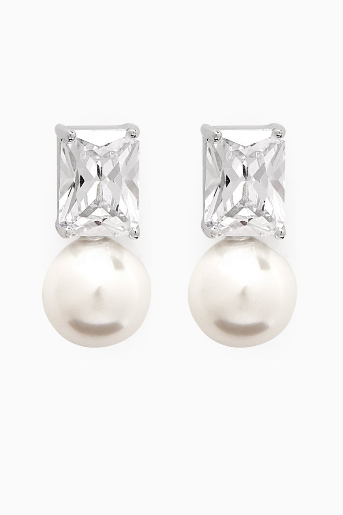 Emerald-cut Crystal & Pearl Drop Earrings in Sterling Silver
