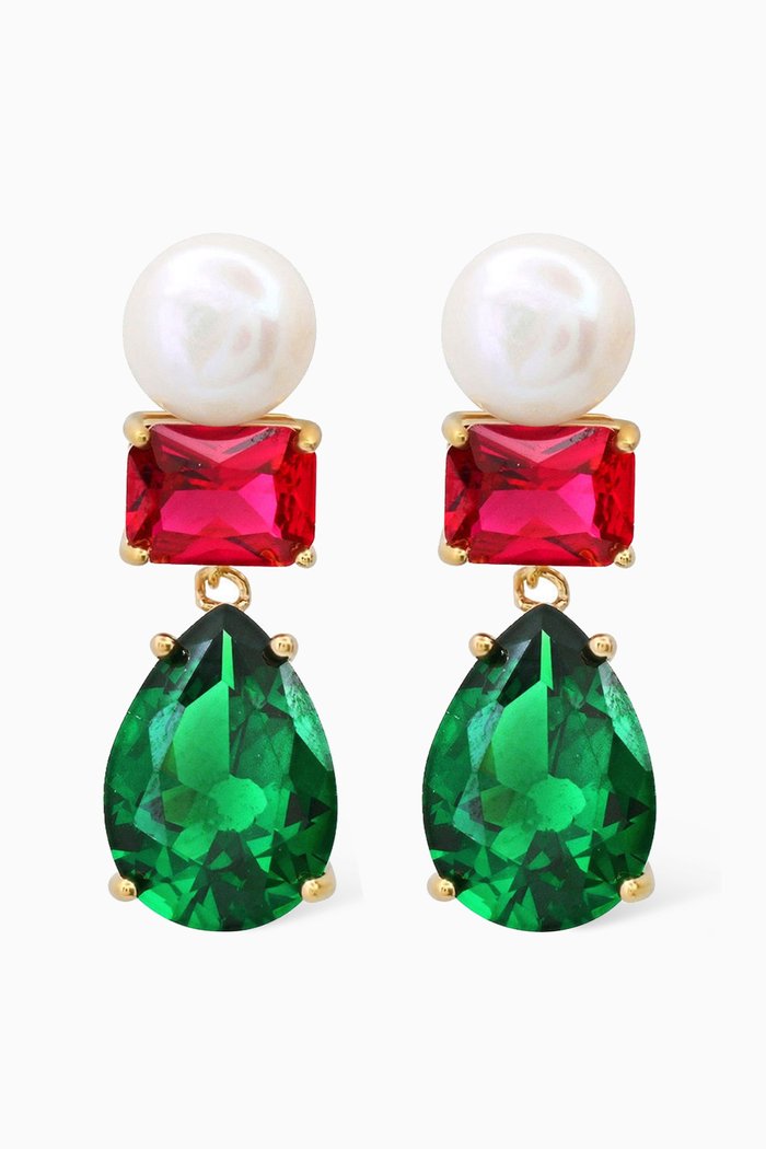 

Emerald Pear Crystal & Pearl Drop Earrings in Gold-vermeil, Green