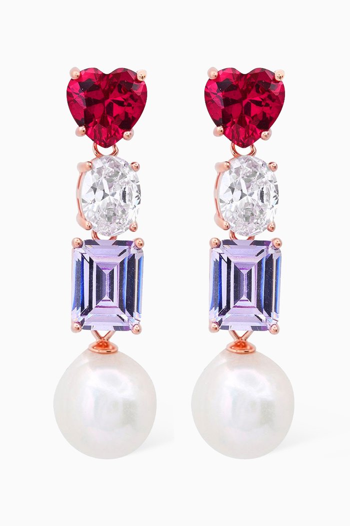 Heart Crystal & Pearl Drop Earrings in Rose Gold-vermeil, Multicolour