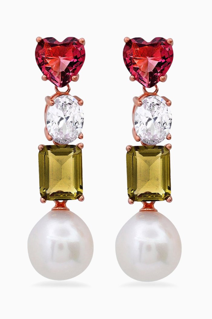 

Heart Crystal & Pearl Drop Earrings in Rose Gold-vermeil, Multicolour