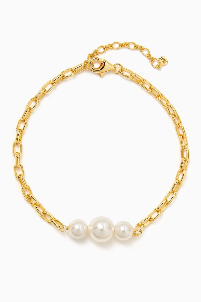

3-pearl Chain Bracelet in Gold-plated Brass, White