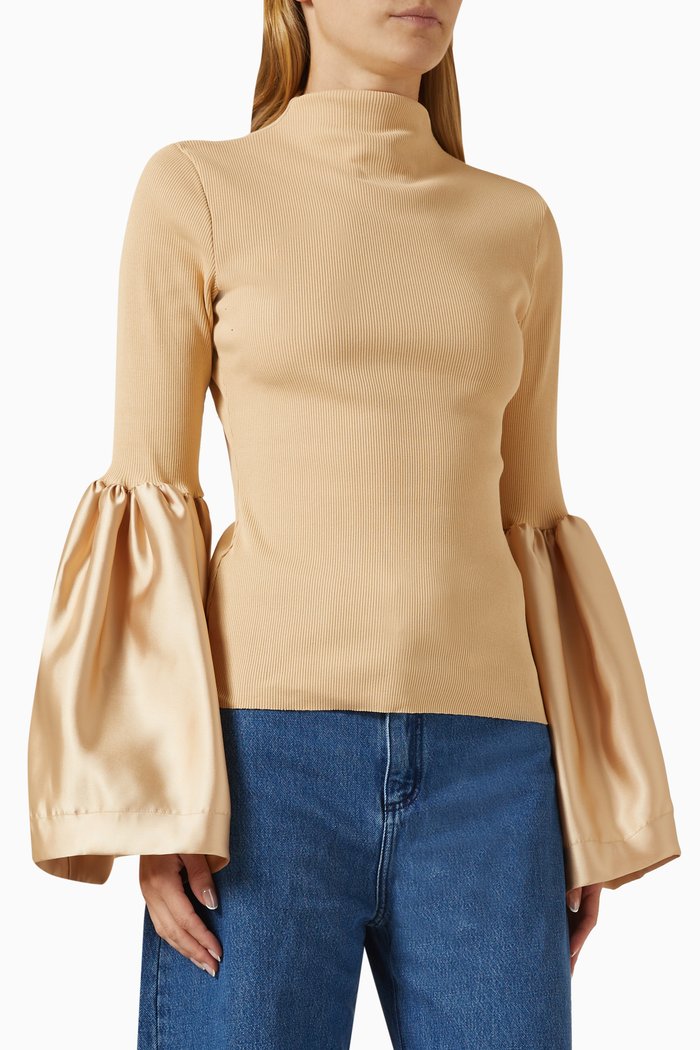 

Puff-sleeve Turtleneck Top in Ribbed-knit, Neutral