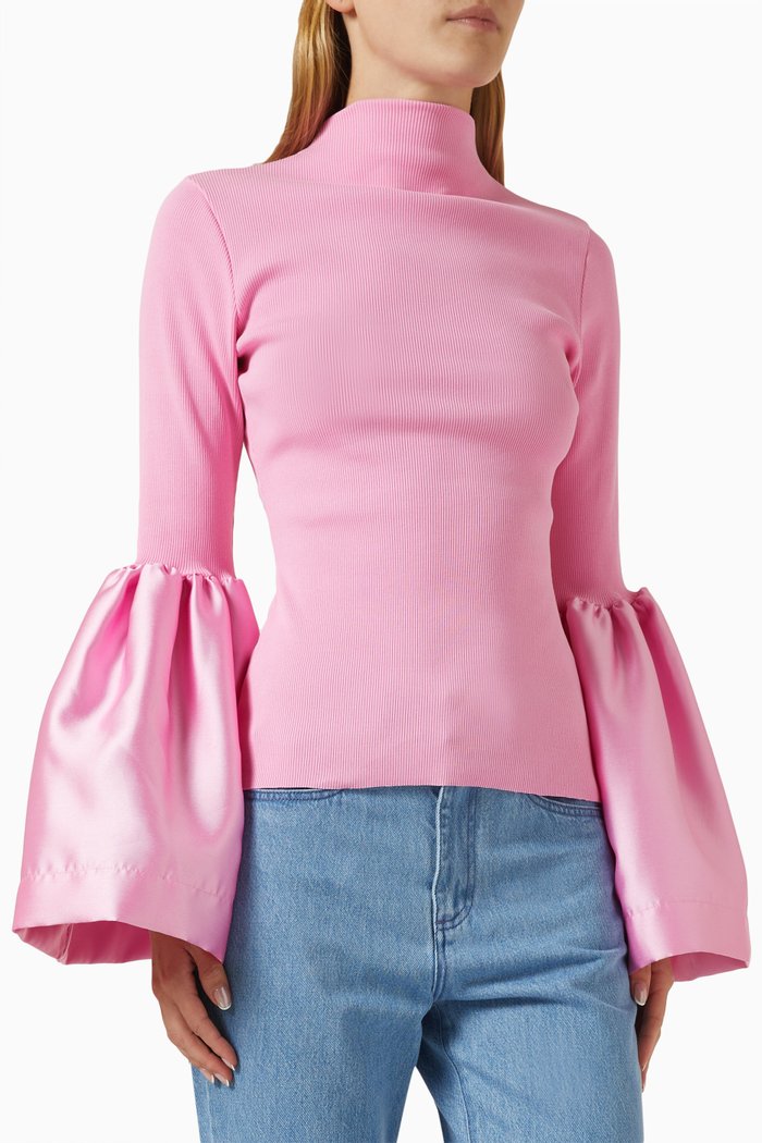 

Puff-sleeve Turtleneck Top in Ribbed-knit, Pink