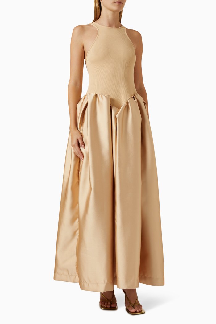 

Tank Top Maxi Dress in Knit & Satin, Neutral