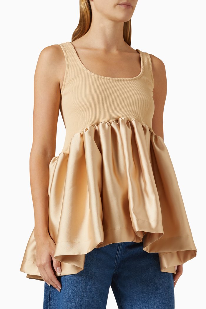 

Peplum Top in Ribbed-knit & Satin, Neutral