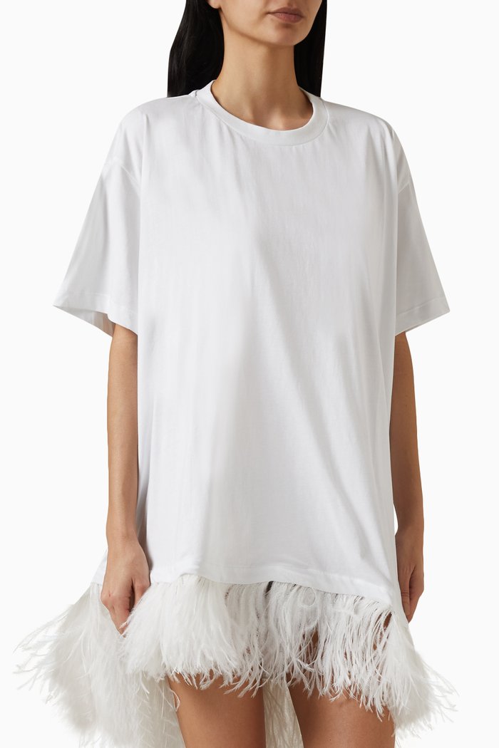 

Feather-hem Oversized T-shirt Dress in Cotton, White