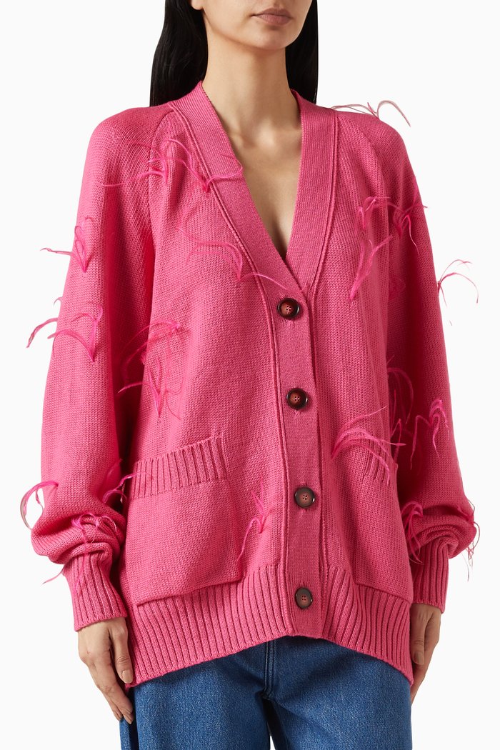 

Oversized Cardigan with Feathers in Merino Wool, Pink