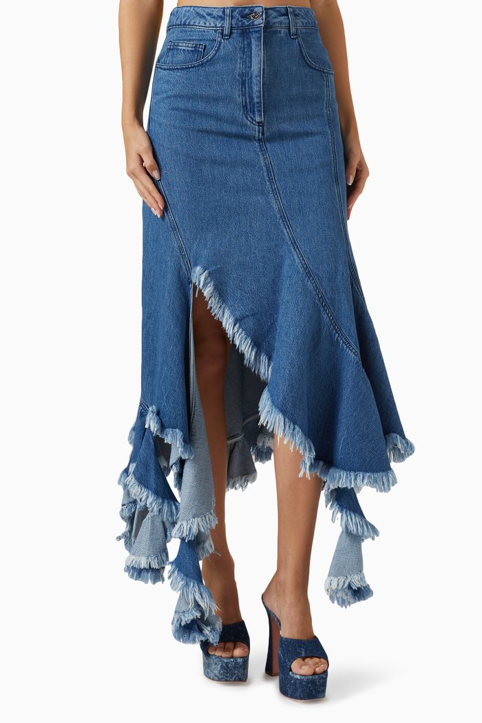 

Swirl Asymmetrical Midi Skirt in Denim, Blue