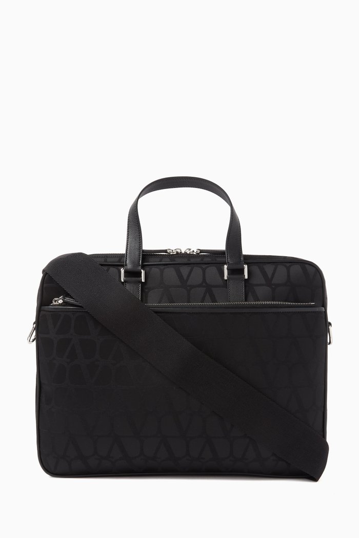 

Double Handle VLOGO Briefcase in Technical Fabric and Leather, Black
