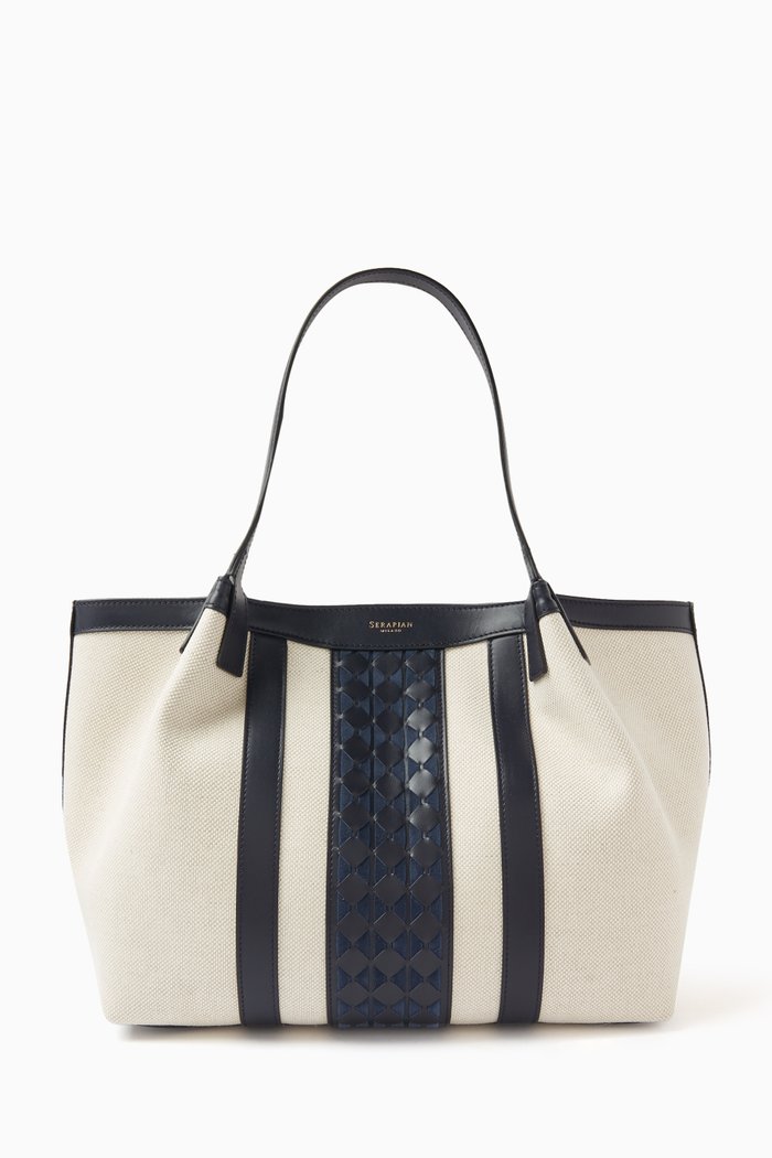 

Small Secret Tote Bag in Canvas & Mosaico Leather, Multicolour