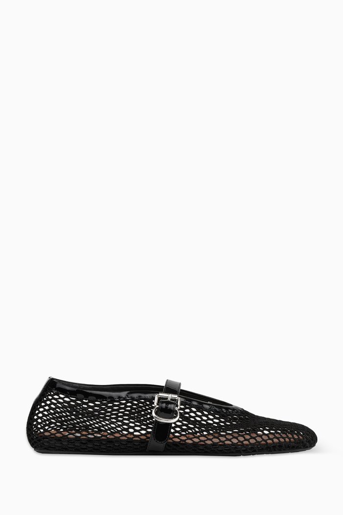 

Fishnet Ballet Flats in Mesh & Patent Leather, Black