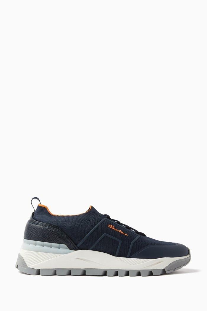 

Logo Low-top Sock Sneakers in Leather & Stretch-knit, Blue