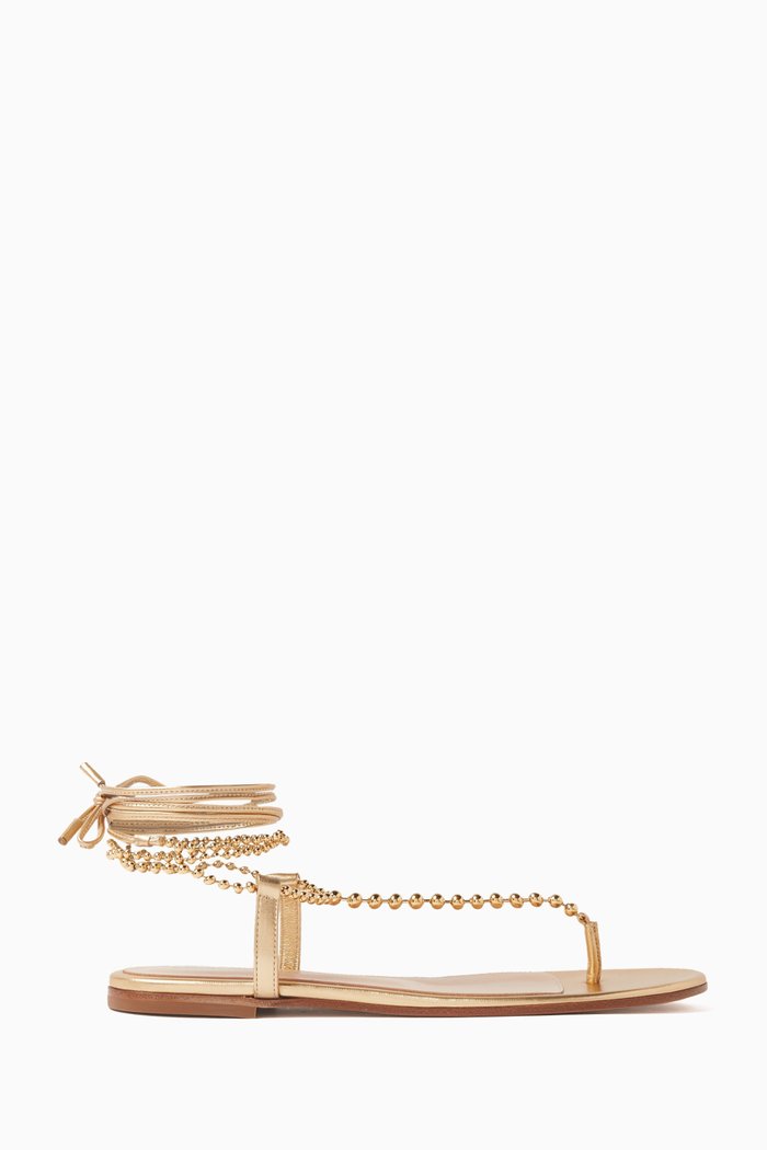 

Beaded Strap Wrap Around Sandals in Nappa Silk, Gold