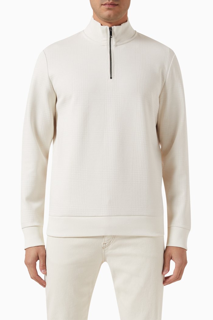 L-Santos Zip-neck Sweatshirt in Stretch-cotton Jacquard, White