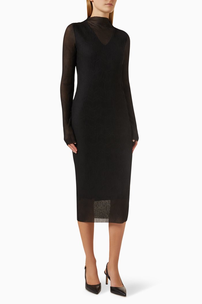 Pleated Midi Dress in Stretch-tulle, Black