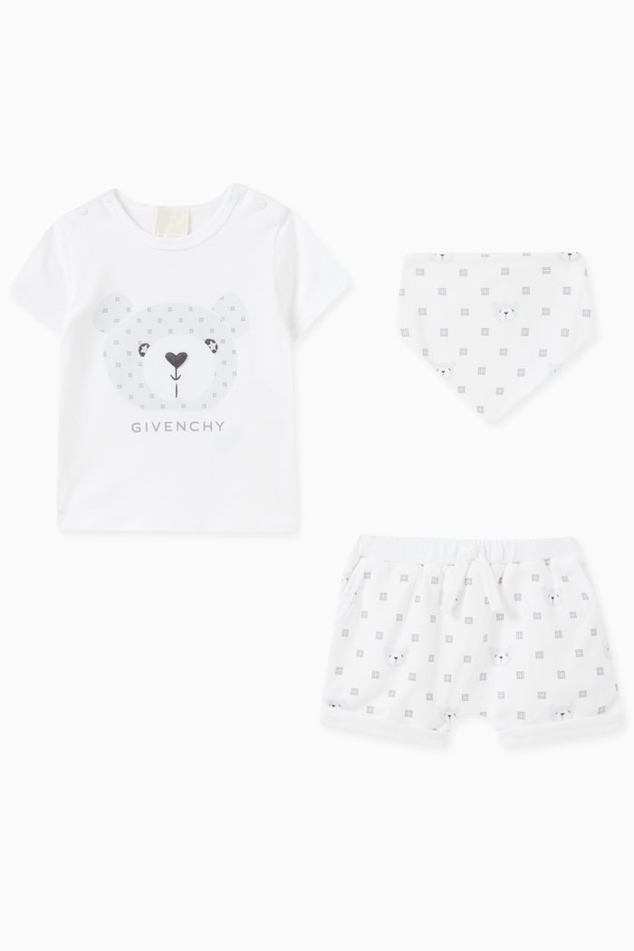 Teddy Bear Print T-shirt and Shorts Set in Cotton, White