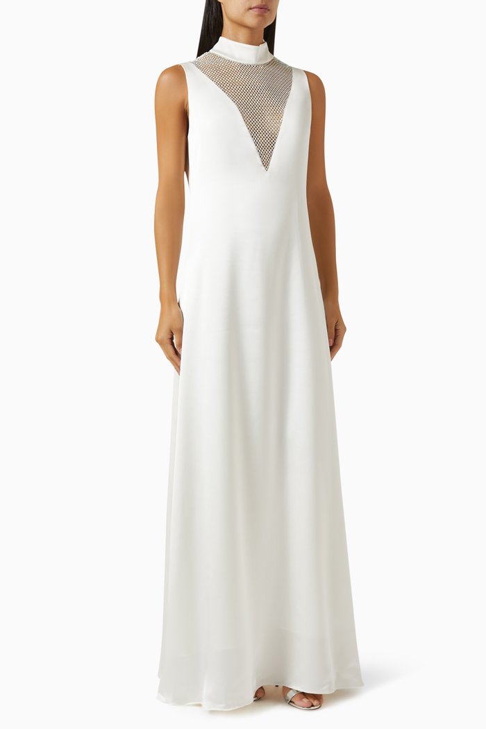 

Crystal Mesh V-neck Maxi Dress in Satin, White