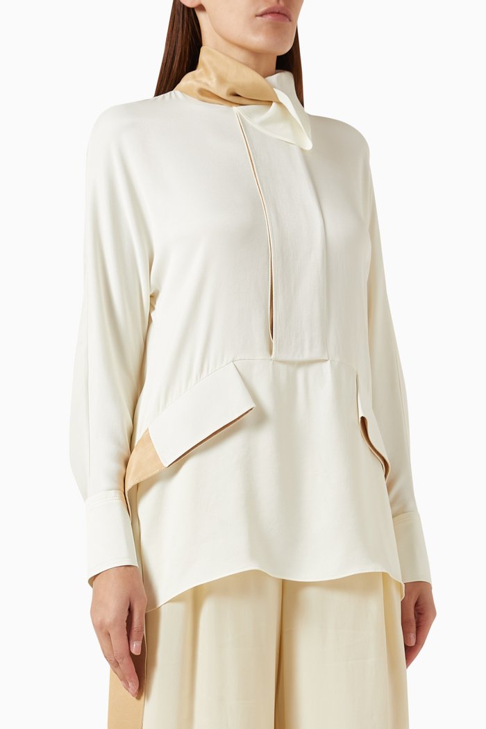 

Scarf-collar Belted Blouse in Viscose, White