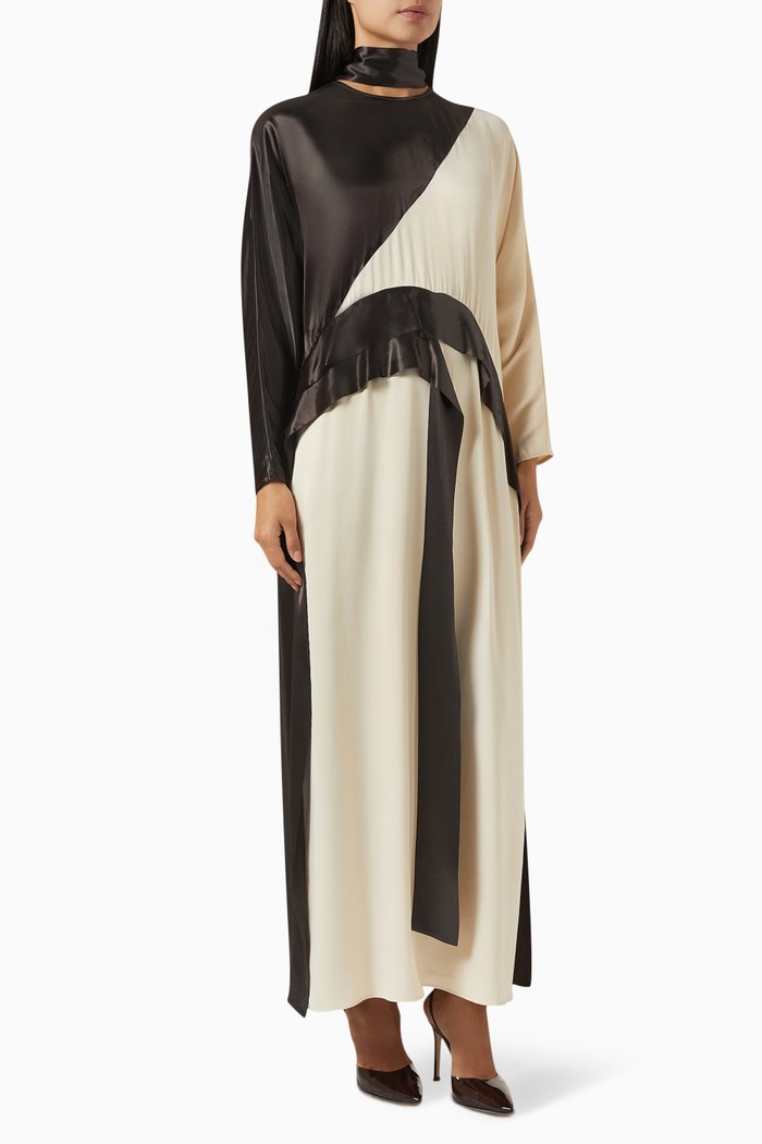 

Scarf-collar Two-tone Maxi Dress in Viscose, White