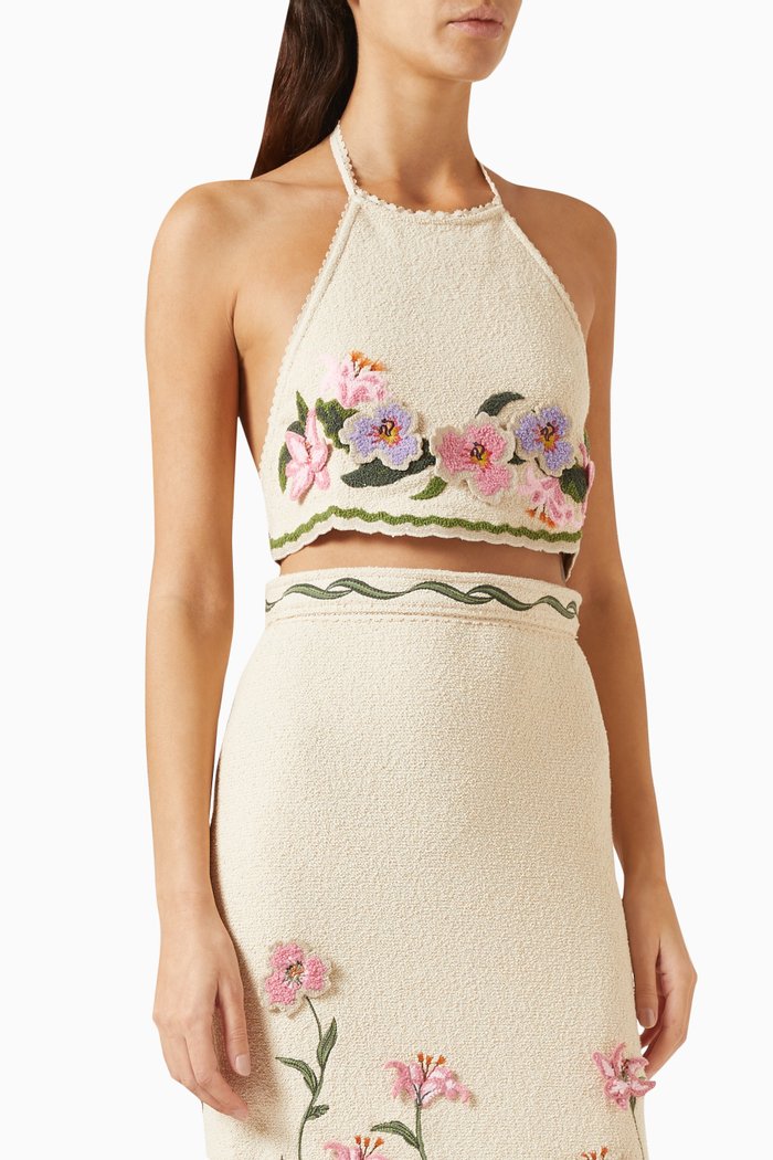 Carlota Pacifico Embroidered Crop Top in Cotton-blend, Multicolour