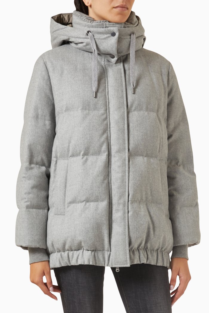 

Down Jacket with Detachable Hood in Wool Flannel, Grey
