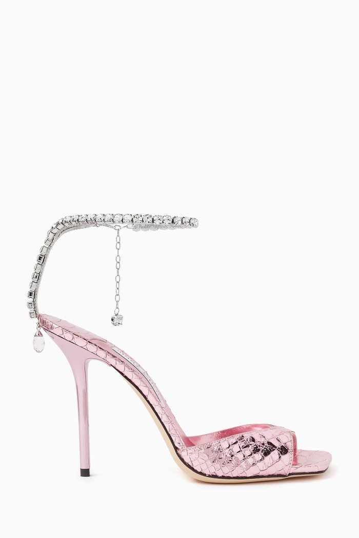 

Saeda 100 Embellished Mule Sandals in Metallic Snake-effect Leather, Pink