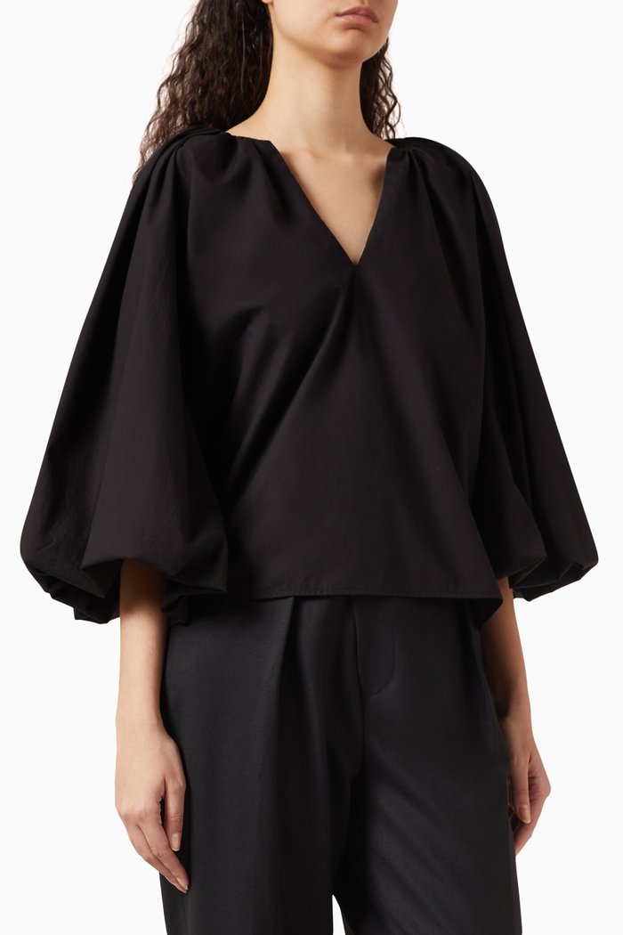 

Ovand Puff-sleeve Blouse in Organic Cotton, Black