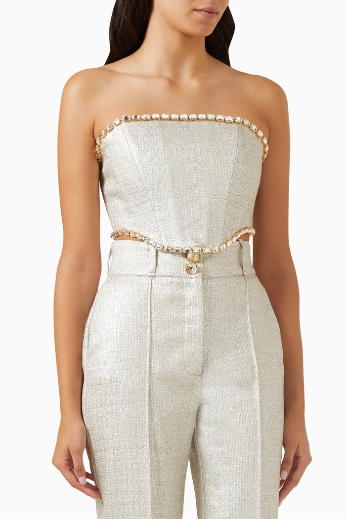 

Rhinestones Bustier Top in Laminated Tweed, Silver