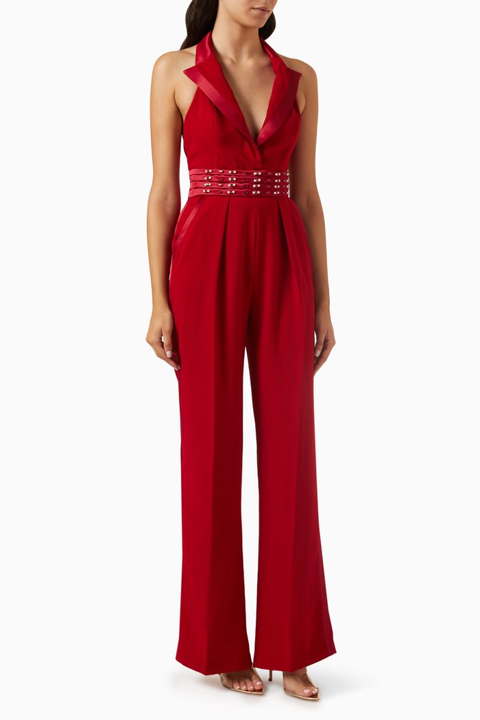 Duchess Satin Lapel Jumpsuit in Crepe, Burgundy