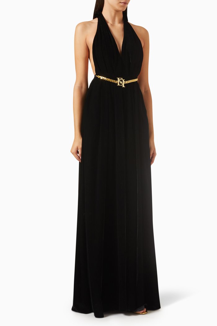 

Hooded Halterneck Maxi Dress in Velvet, Black