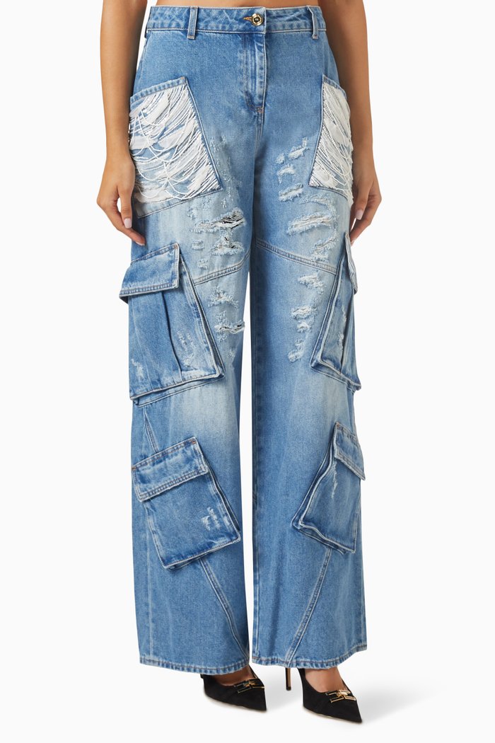 

Sequined Cargo Jeans in Denim, Blue