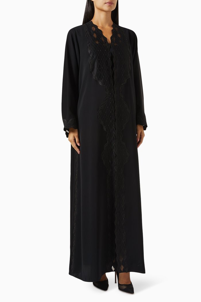 

Scalloped Lace-trim Abaya, Black