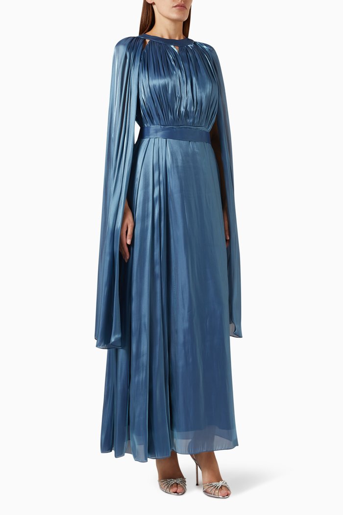 

Pleated Cape-sleeve Maxi Dress, Blue