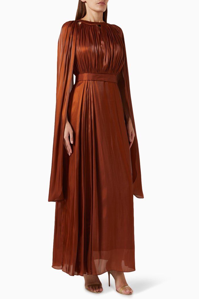 

Pleated Cape-sleeve Maxi Dress, Brown