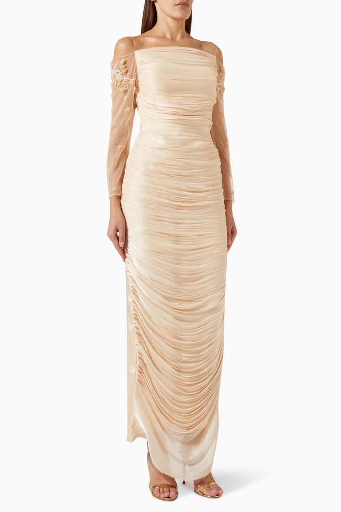 

Embroidered Off-shoulder Draped Maxi Dress, Neutral