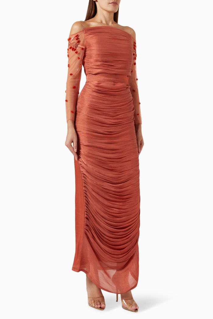 

Embroidered Off-shoulder Draped Maxi Dress, Orange