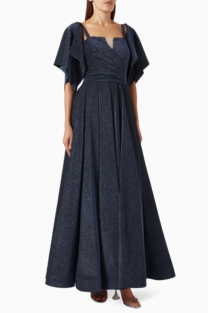 Belted A-line Maxi Dress, Blue