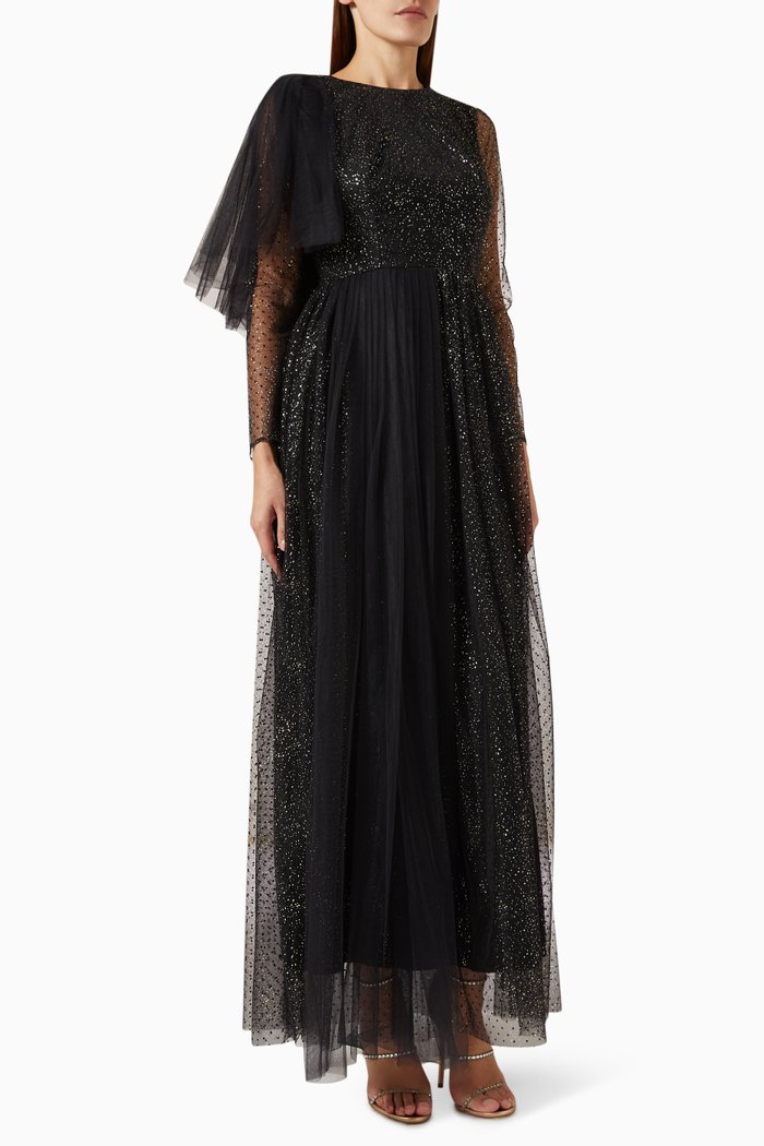 

Crystal-embellished Maxi Dress in Tulle, Black