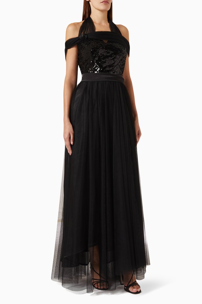 

Sequin-embellished Halter-neck Maxi Dress in Tulle, Black