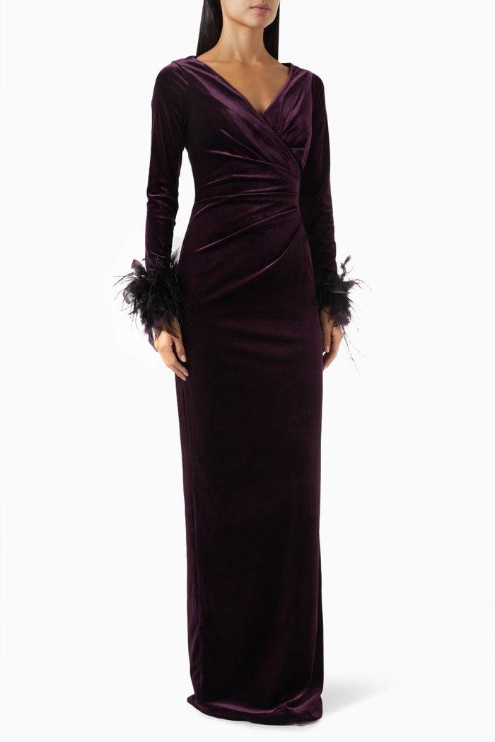 Feather-trim Gown in Velvet, Purple