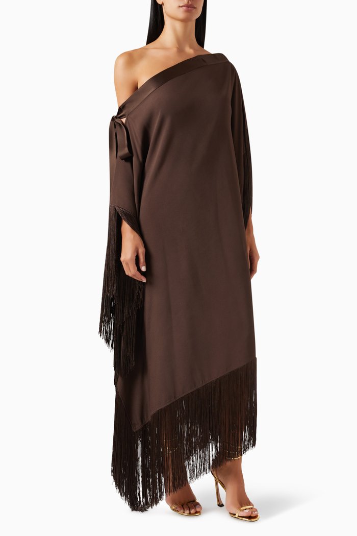 

Aarons Fringed Kaftan Maxi Dress in Crepe, Brown