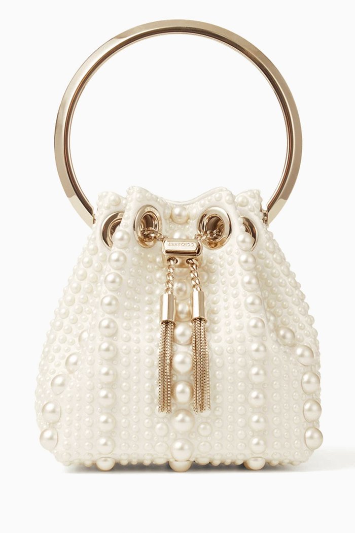 

Micro Bon Bon Pearl-embellished Bucket Bag in Satin, White