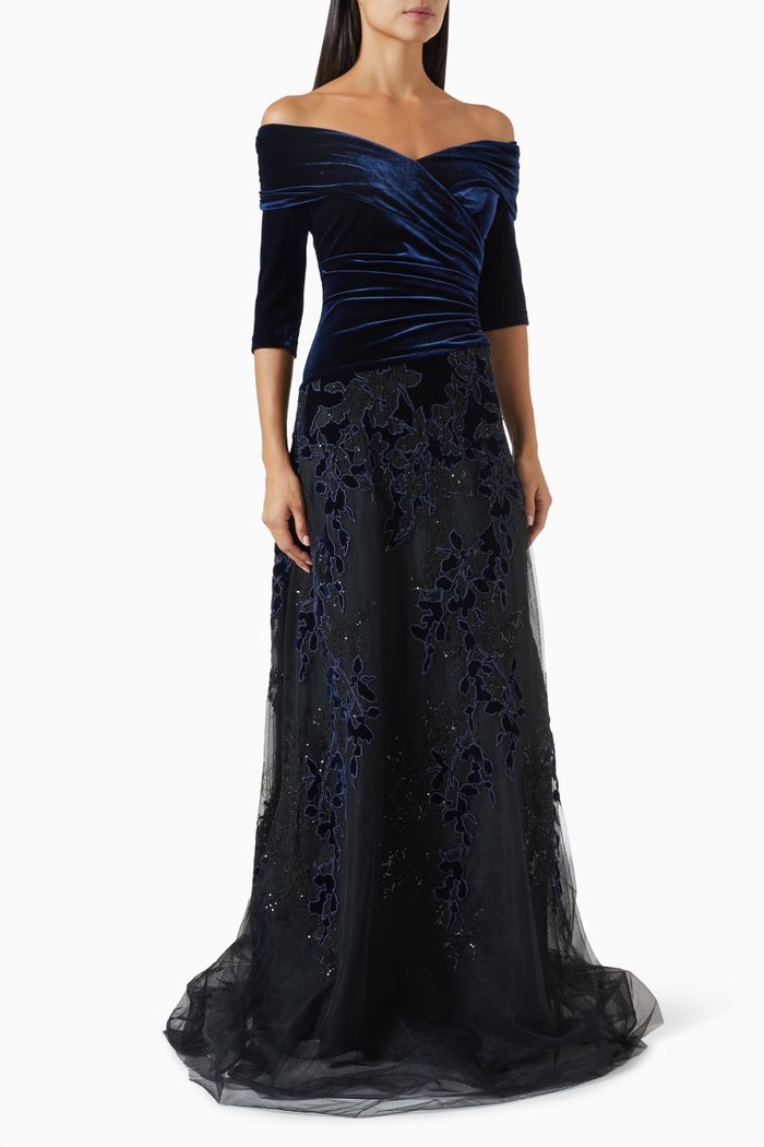 Burnout Sequin Off-shoulder Gown in Velvet & Tulle, Black