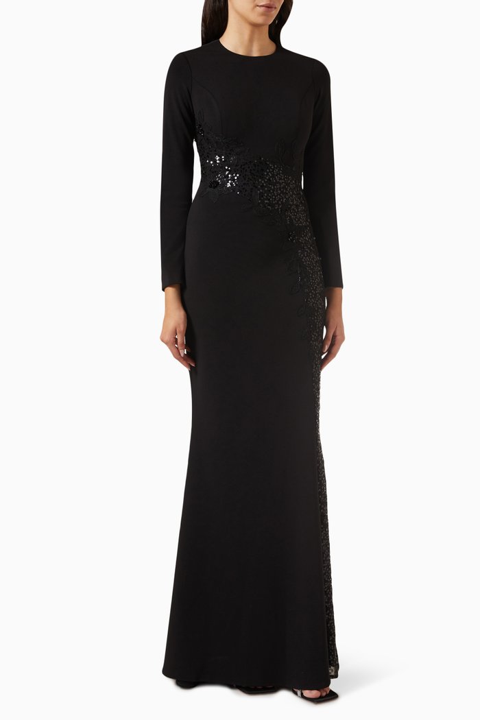 Sequin-embellished Gown in Stretch Crepe, Black