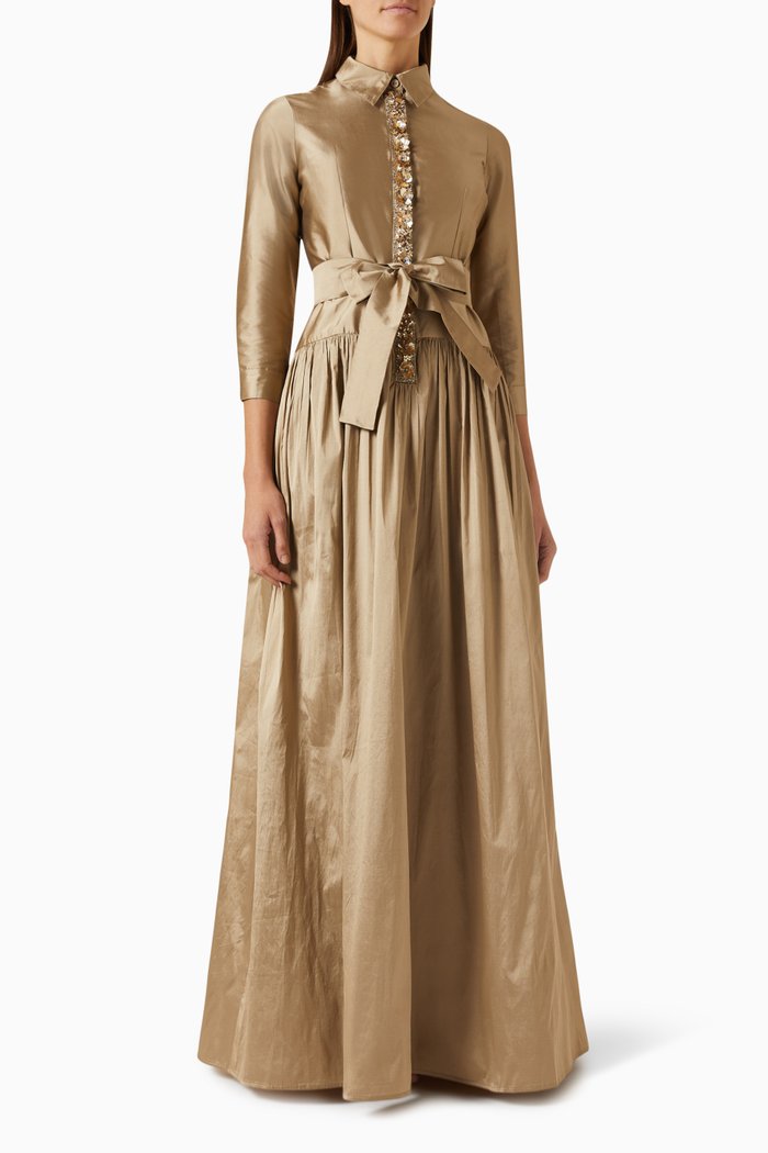 

Floral-embellished Shirtdress Gown in Taffeta, Gold