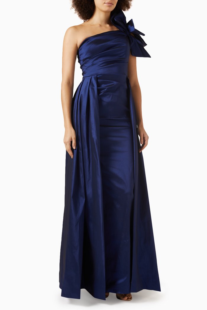 

One Shoulder Bow Trim Side Gown in Stretch Taffeta, Blue