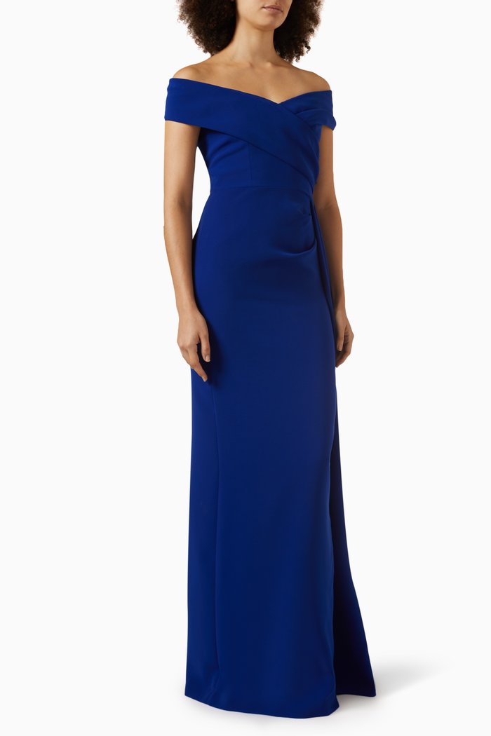 

Off Shoulder Portrait Side Drape Gown in Crepe, Blue