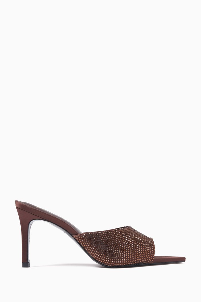 

Belle 80 Mule Sandals in Satin & Strass, Brown
