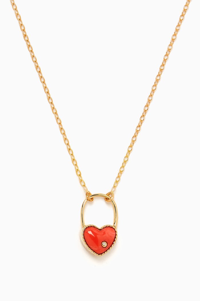 Padlock Heart Coral & Diamond Pendant Necklace in 9kt Gold, Yellow